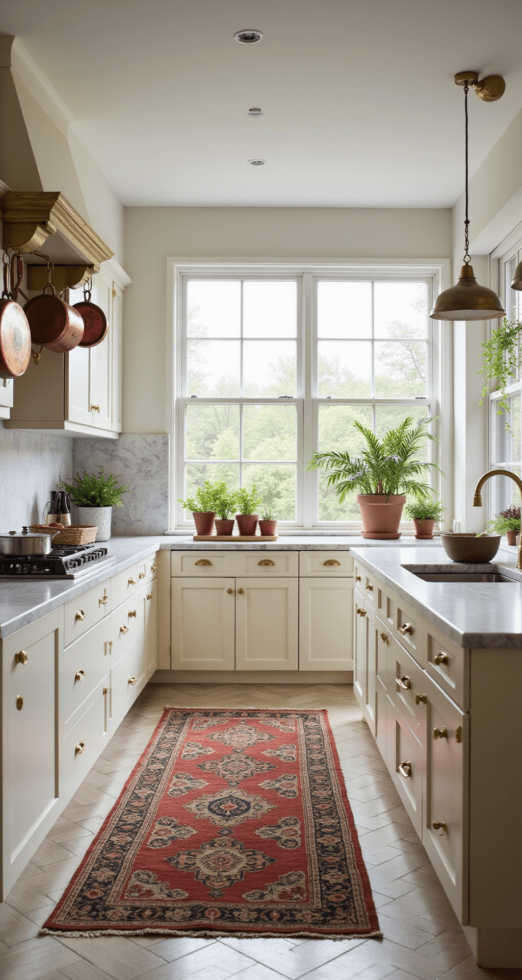 Cream Cabinets Kitchen: Your Ultimate Design Guide to Timeless Elegance A bright and airy kitchen featuring cream shaker-style cabinets, a Calacatta marble waterfall island, and white oak herringbone floors. Morning light streams through large east-facing windows, illuminating the space with warmth. Copper pots hang from a ceiling rack, and potted herbs line the windowsill, while a vintage Persian runner adds a cozy touch. The image is captured from a low corner angle to showcase the ceiling height and spatial flow.