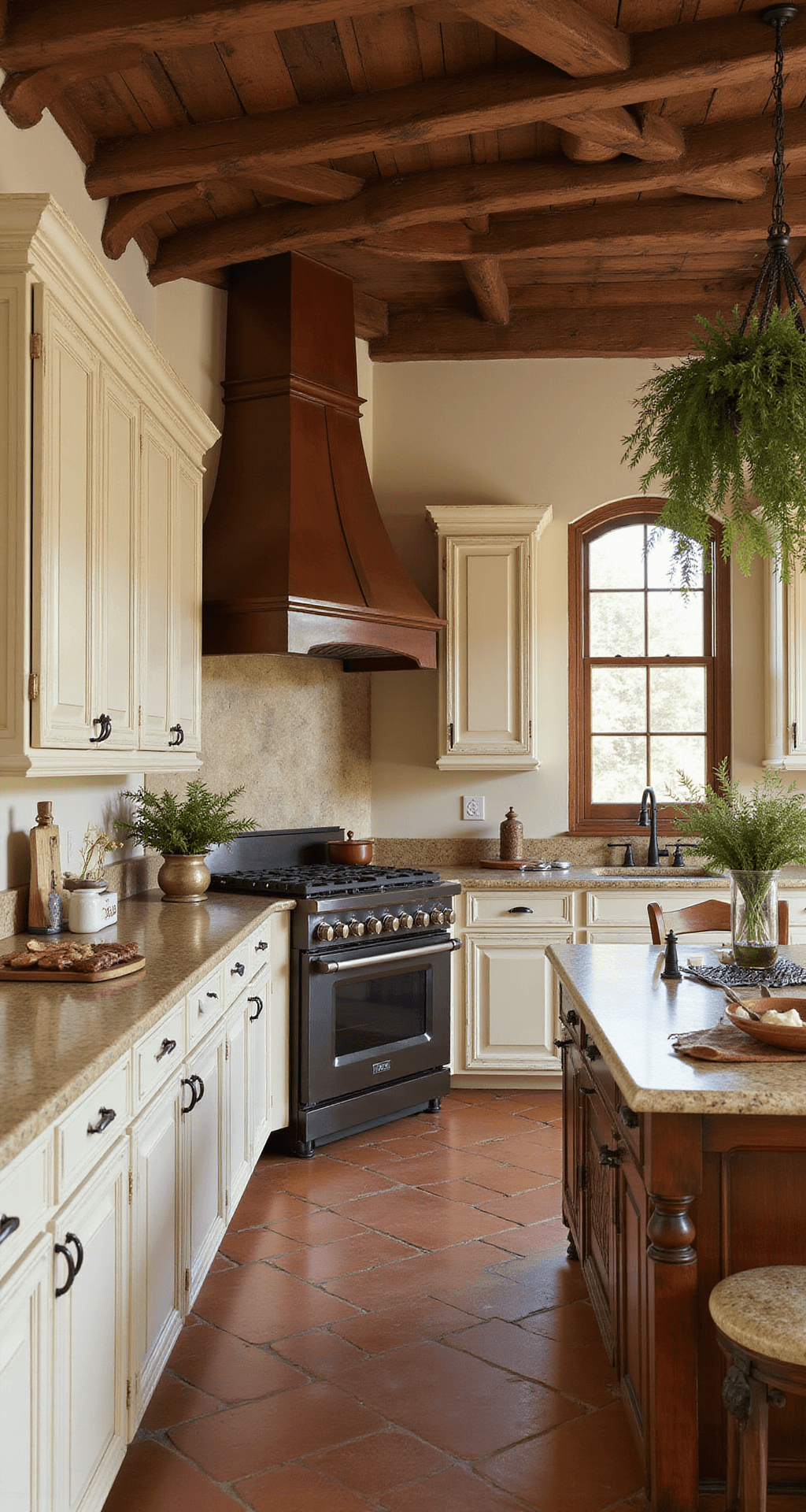 Cream Cabinets Kitchen: Your Ultimate Design Guide to Timeless Elegance A diagonal view of a Mediterranean-inspired kitchen featuring distressed cream cabinets with intricate carvings, terra cotta floors, and exposed wooden beams. A copper range hood serves as the focal point, while herbs hang from a ceiling rack. Natural light casts dramatic shadows, accentuating the rustic luxury of the space.