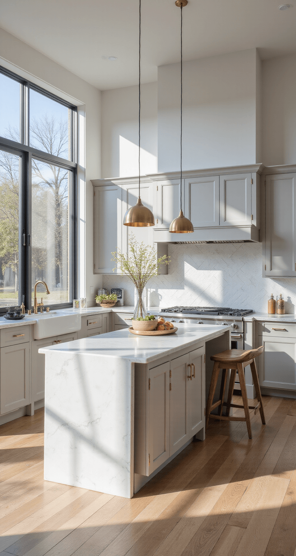 Light Taupe Kitchen Cabinets: The Ultimate Design Solution for Modern Homes A contemporary kitchen with light taupe shaker cabinets, a white quartz waterfall island, and brass pendant lights, illuminated by morning light through floor-to-ceiling windows. The space features a textured white geometric backsplash, stainless steel appliances, and wide-plank white oak flooring, creating a fresh and airy mood.