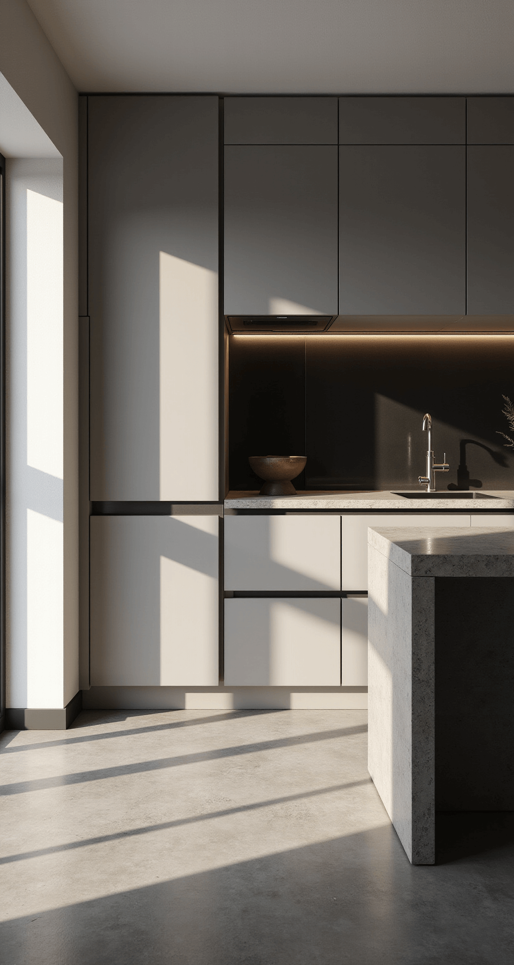 Light Taupe Kitchen Cabinets: The Ultimate Design Solution for Modern Homes High contrast black and white image of a modern minimalist kitchen featuring handleless light taupe cabinets, a hovering concrete island, hidden LED lighting, a smoky mirror backsplash, and graphite appliances, all set against dramatic dawn light and geometric compositions.