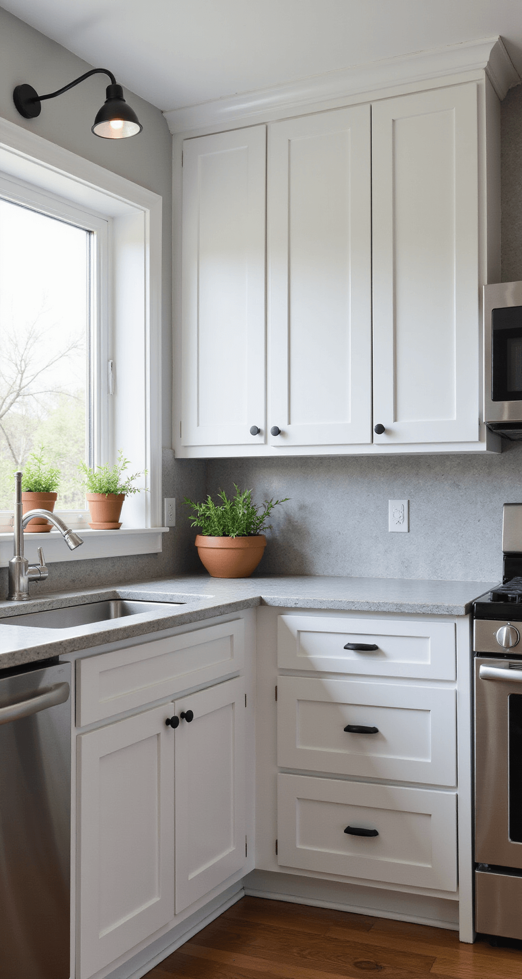 Transforming Your Kitchen: A Complete Guide to Painting Cabinets Like a Pro Interior view of a sunlit modern kitchen featuring bright white Shaker cabinets and gray marble countertops, with natural light streaming through a large window above the sink, highlighting stainless steel appliances and fresh herbs in terracotta pots.