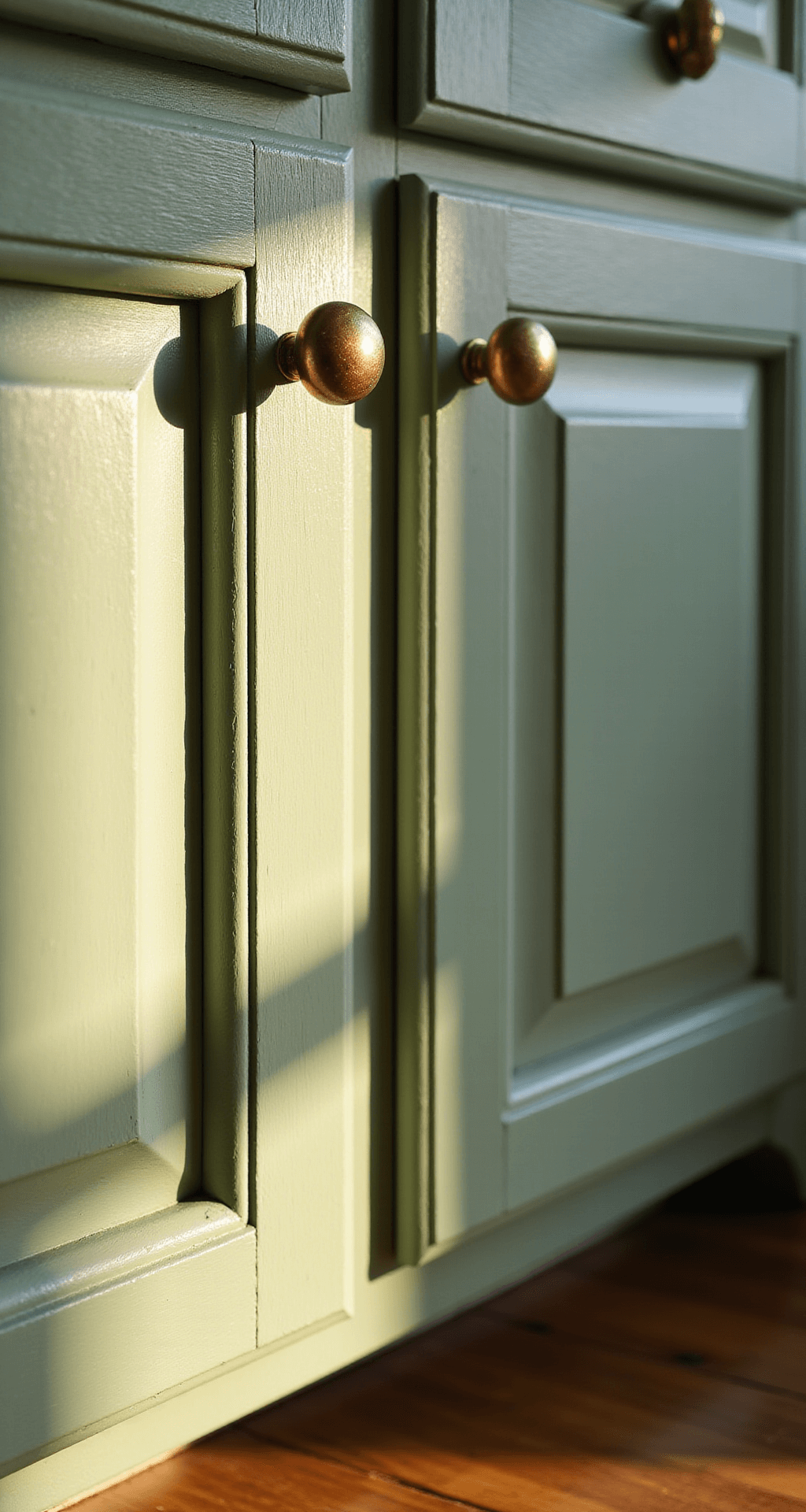 Transforming Your Kitchen: A Complete Guide to Painting Cabinets Like a Pro Close-up of sage green cabinet doors with visible brush strokes in semi-gloss finish, illuminated by afternoon light. Vintage brass knobs glimmer in golden hour sunlight, with soft shadows accentuating raised panel details. Warm wood flooring is reflected in the bottom of the frame.