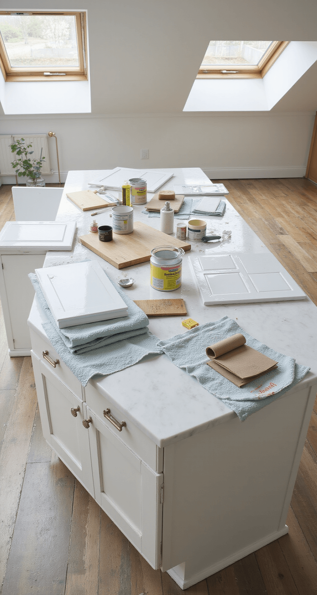 Transforming Your Kitchen: A Complete Guide to Painting Cabinets Like a Pro Bright morning kitchen scene featuring a white marble island with organized paint preparation materials, including primers and brushes, surrounded by removed cabinet doors on drop cloths. The overhead shot captures the systematic layout under diffused natural light from skylights, providing full detail in a documentary style.