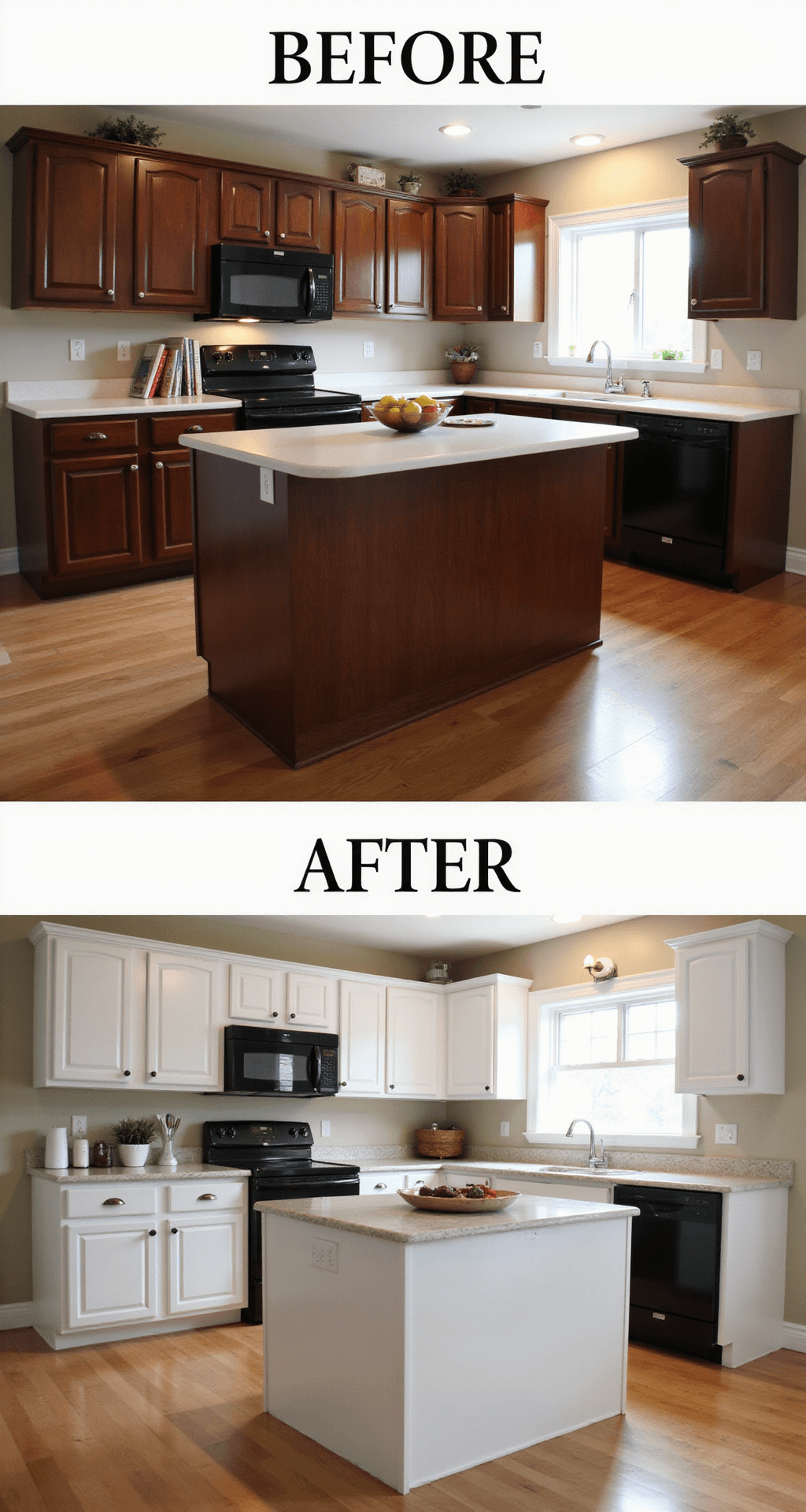Transforming Your Kitchen: A Complete Guide to Painting Cabinets Like a Pro Before and after diptych of a kitchen transformation showcasing dark wood cabinets in the original image and freshly painted white cabinets in the after image, both captured from a centered, eye-level perspective at 9 AM. The consistent styling features a fruit bowl and cookbooks, while the technical comparison shot at f/5.6 highlights the full room depth and natural color temperature, emphasizing the contrast between the two designs.