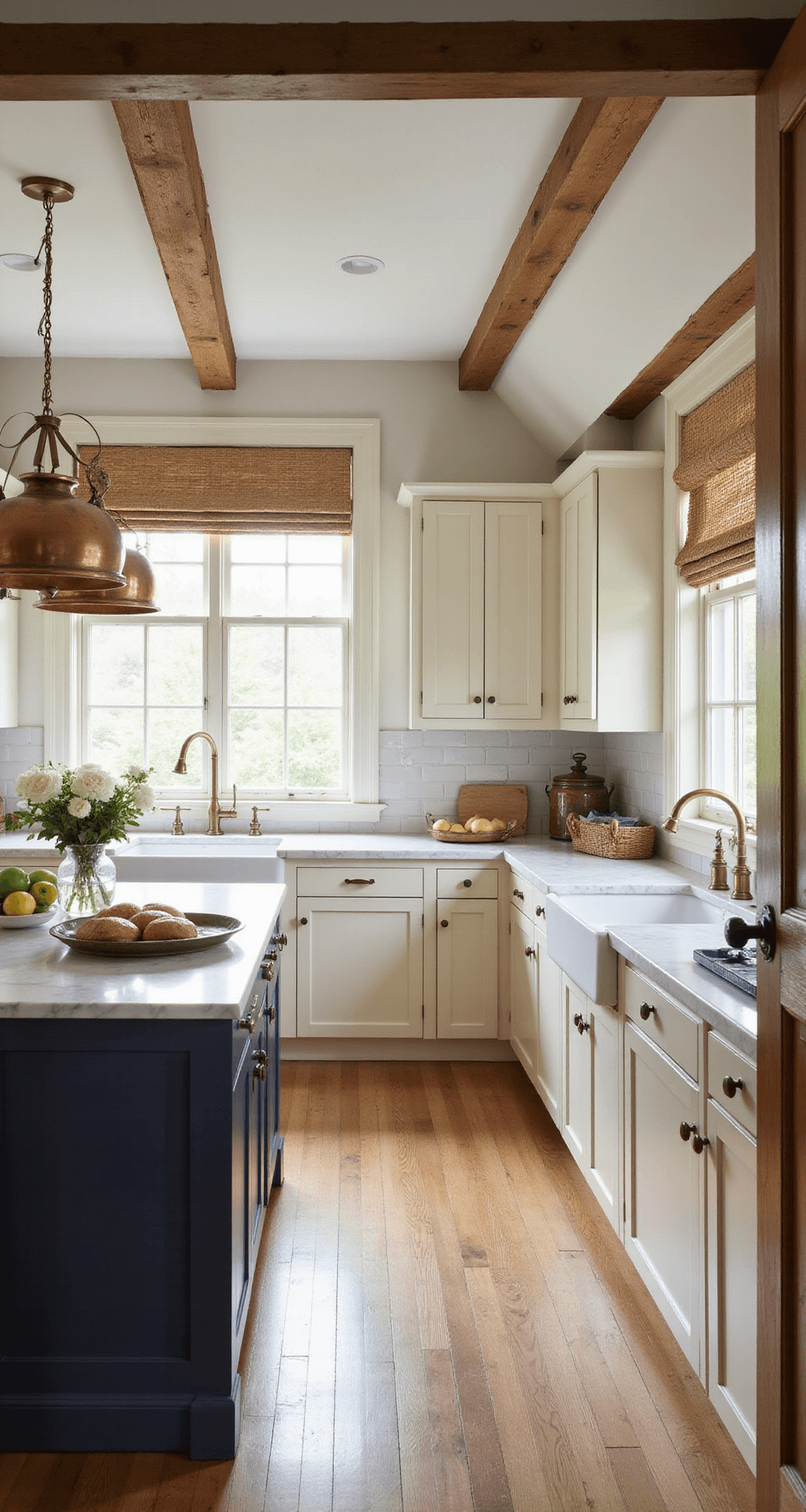 Farmhouse Kitchen Cabinets: Bringing Rustic Charm to Your Culinary Space A sunlit farmhouse kitchen featuring cream-colored Shaker cabinets, a maple island with a navy blue base, and white marble countertops, illuminated by morning light streaming through large mullioned windows, with vintage copper pots hanging above and natural woven roman shades filtering the light.