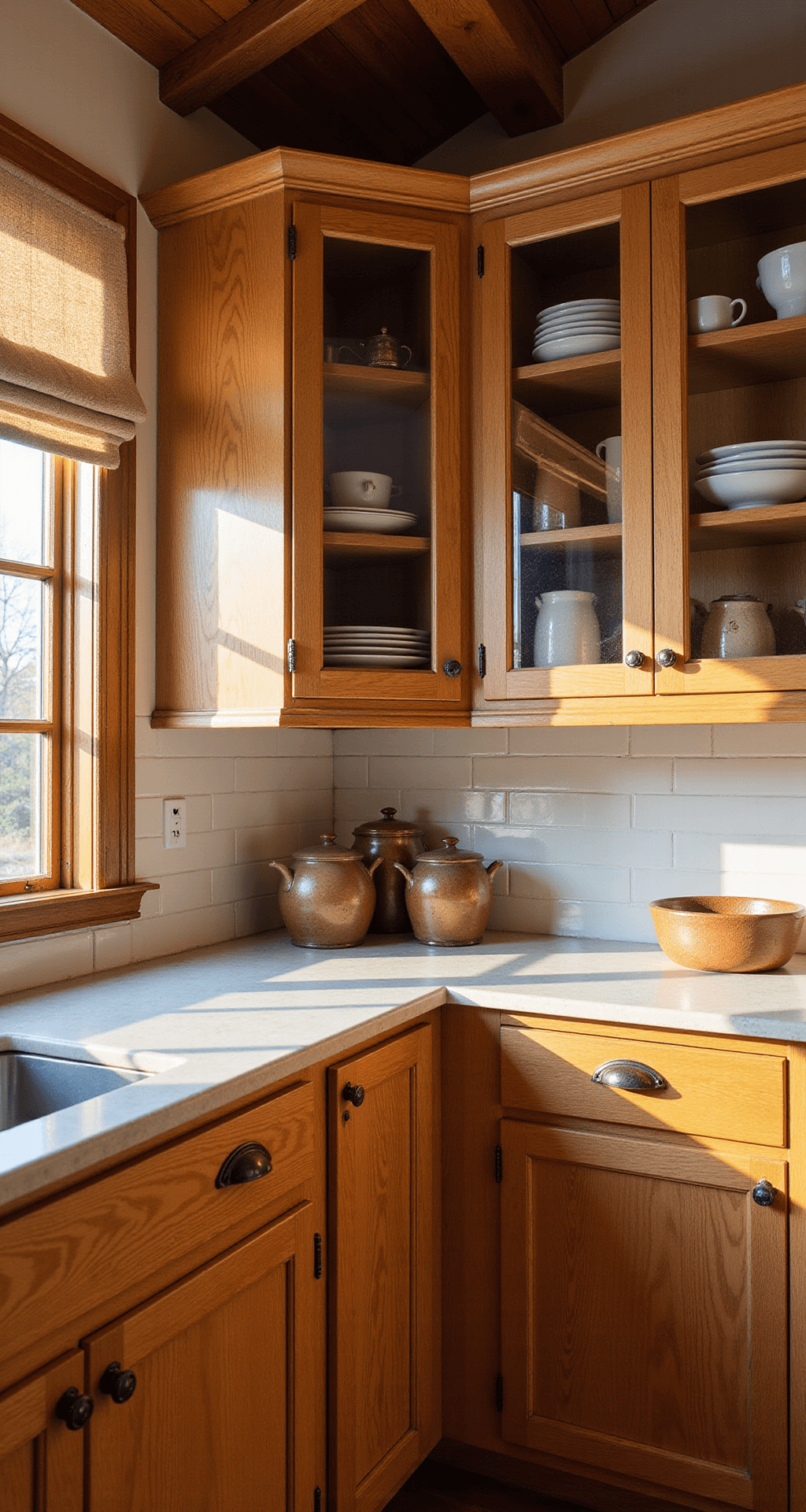 Farmhouse Kitchen Cabinets: Bringing Rustic Charm to Your Culinary Space Corner view of a rustic kitchen featuring hickory cabinets with antique pewter cup pulls, glass-front upper cabinets displaying ironstone dishes, and a subway tile backsplash in bone white. Open shelving showcases cast iron cookware and earthenware crocks. The warm afternoon sun filters through café curtains, emphasizing the rich wood textures and architectural details from a low camera angle.