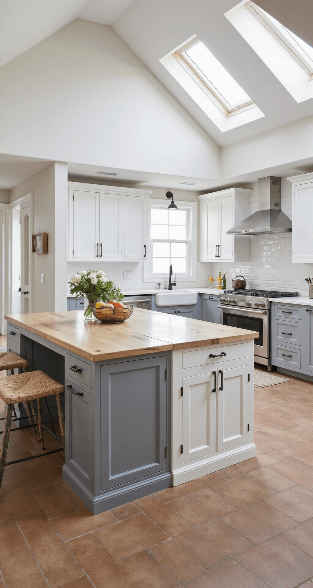 Farmhouse Kitchen Cabinets: Bringing Rustic Charm to Your Culinary Space Aerial view of a bright modern farmhouse kitchen featuring a cathedral ceiling, two-tone cabinets in white and weathered gray, mixed metal hardware, a large central island with a butcher block top, and a herringbone tile floor in natural clay tones, beautifully illuminated by natural light from skylights.