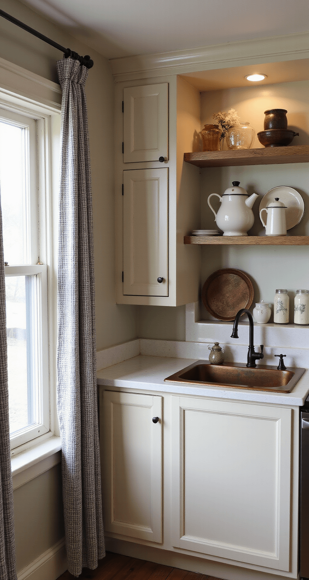 Farmhouse Kitchen Cabinets: Bringing Rustic Charm to Your Culinary Space A cozy farmhouse kitchen nook bathed in soft morning light, featuring custom buttermilk corner cabinets with visible brush strokes, open shelving showcasing a vintage enamelware collection, and a copper sink with an aged patina, accented by ticking stripe cafe curtains filtering the light, all captured at eye level with a focus on lived-in details.