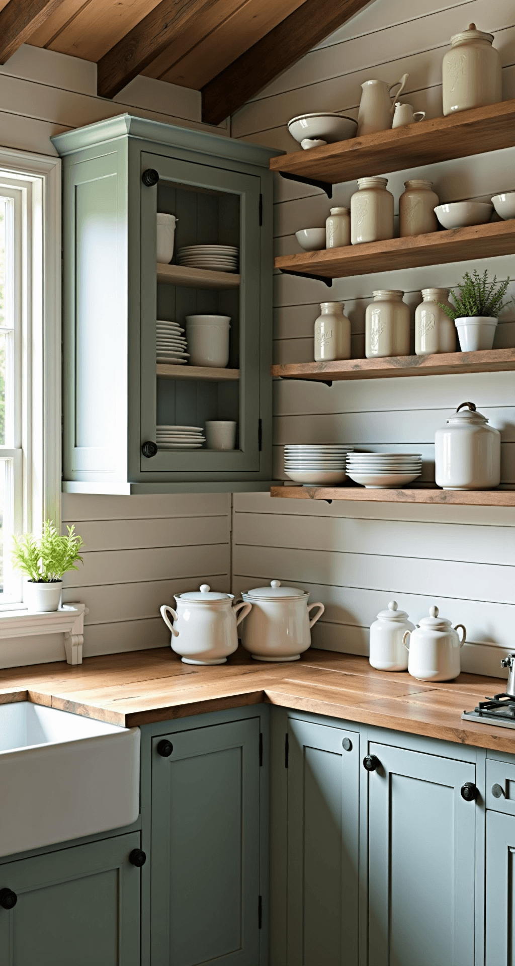 Kitchen Glass Cabinets: Transform Your Space with Elegant Display Storage Cozy cottage kitchen with frosted glass cabinet doors showcasing vintage mason jars and cream-colored ceramics, surrounded by shiplap walls and exposed wooden beams, illuminated by soft mid-morning light.