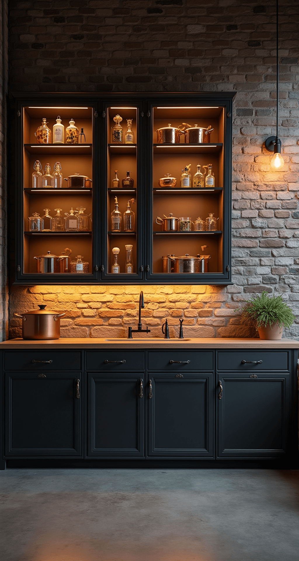 Kitchen Glass Cabinets: Transform Your Space with Elegant Display Storage A dramatic industrial loft kitchen featuring black-framed glass cabinets showcasing copper cookware and vintage glass bottles, set against exposed brick walls and concrete floors, illuminated by moody ambient lighting from Edison bulbs and spotlights, captured from a sliding ladder perspective.