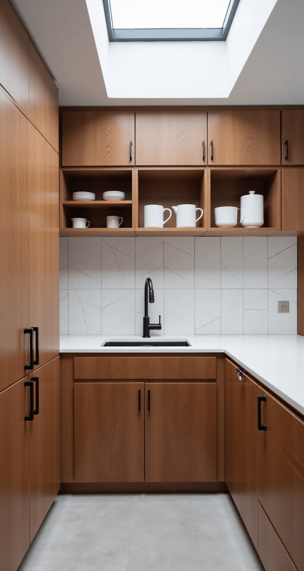 Cherry Wood Kitchen Cabinets: A Timeless Design Guide for Warm, Elegant Spaces Contemporary urban kitchen with cherry cabinets, white countertops, and geometric tile backsplash, featuring open shelving with minimalist decor, illuminated by cool afternoon light from a skylight, viewed from above at a 45-degree angle.