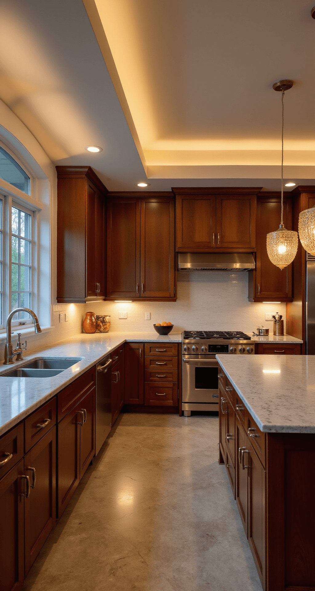 Cherry Wood Kitchen Cabinets: A Timeless Design Guide for Warm, Elegant Spaces Transitional kitchen featuring Shaker-style cherry cabinets, gray marble countertops, and mixed metal fixtures, illuminated by ambient under-cabinet lighting and textured glass pendant lights, creating an intimate and refined atmosphere at dusk.