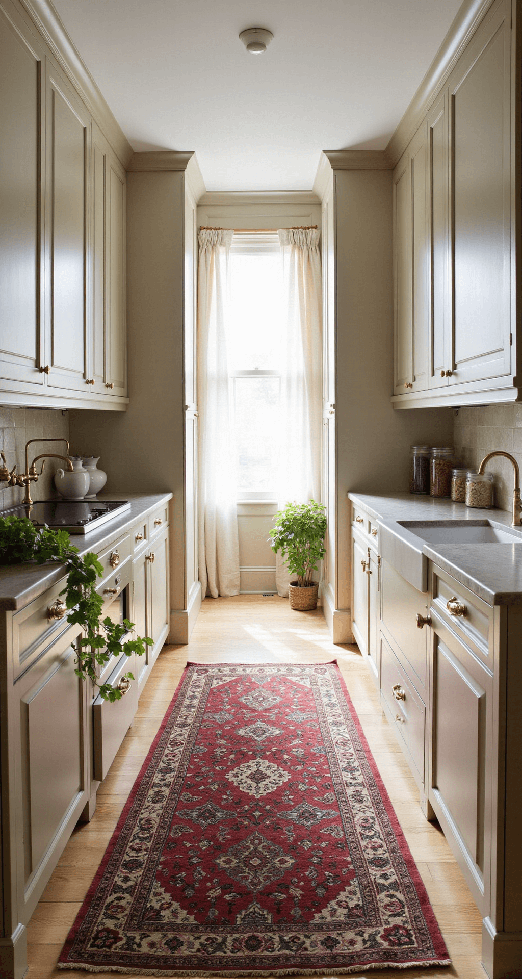 Mastering Beige Kitchen Cabinets: The Ultimate Styling and Photography Guide A bright galley kitchen with beige raised-panel cabinets and honed limestone countertops, featuring unlacquered brass fixtures and a vintage Persian runner, illuminated by natural light filtered through sheer linen curtains.