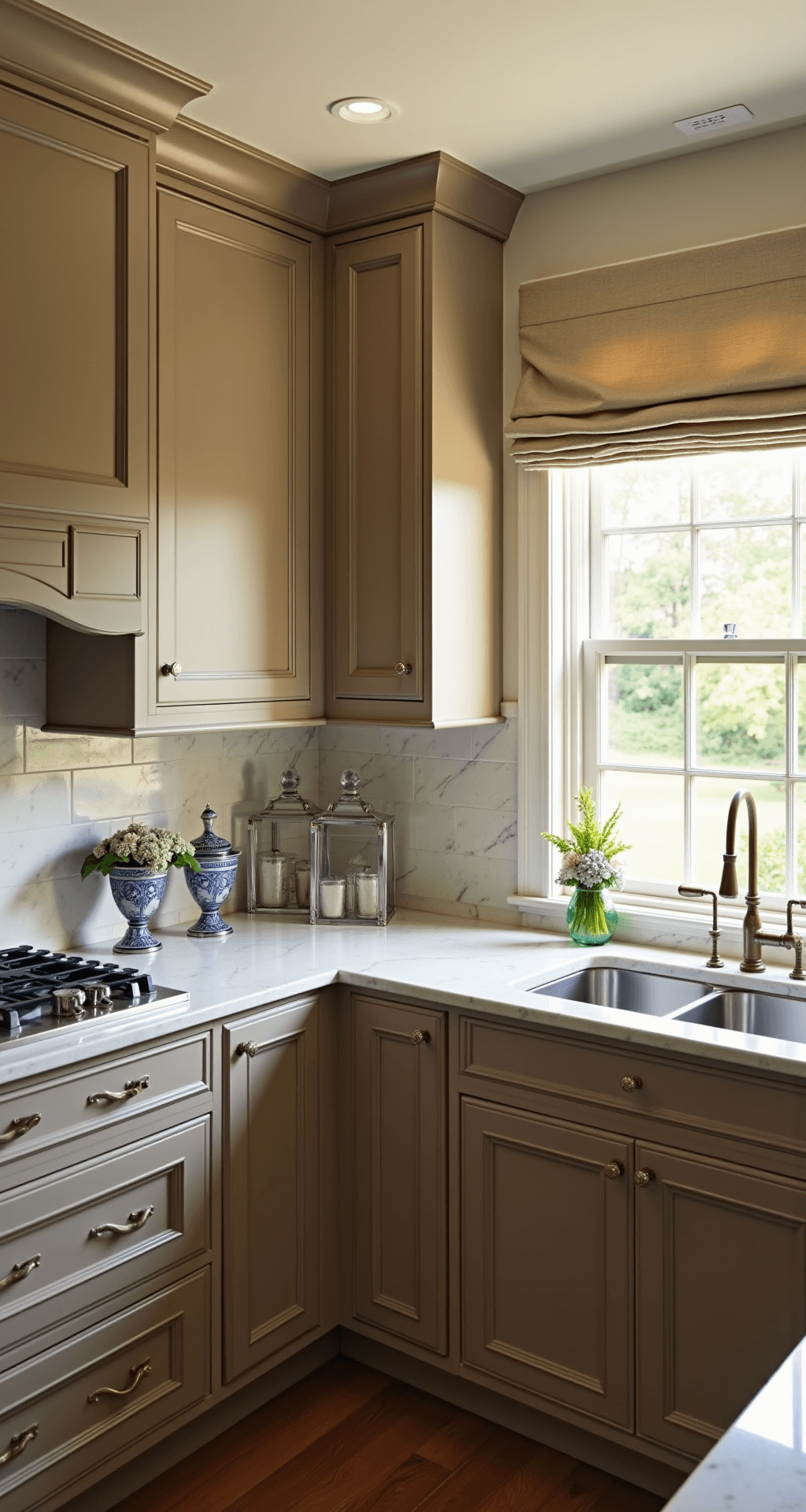Mastering Beige Kitchen Cabinets: The Ultimate Styling and Photography Guide Transitional L-shaped kitchen featuring two-tone beige cabinets, a marble backsplash, and chinoiserie accents, captured during the golden hour with natural backlighting.