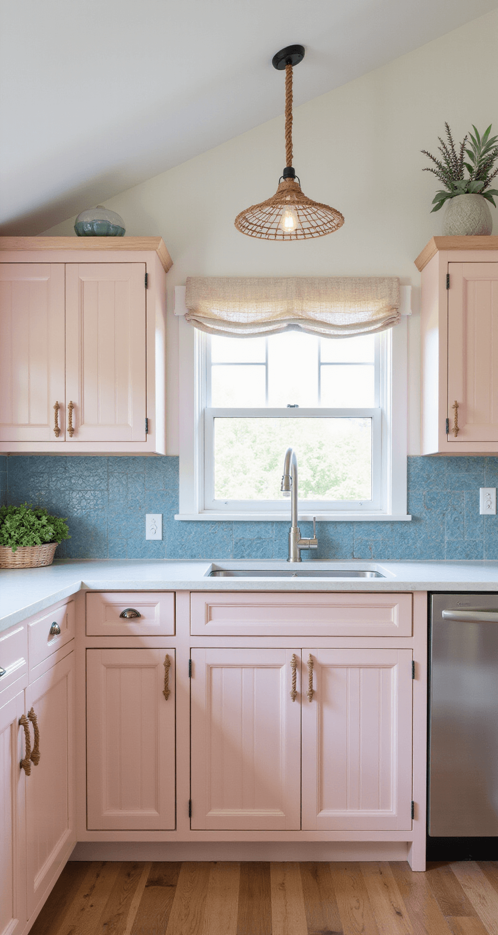 Pink Kitchen Cabinets: A Vibrant Design Revolution for Your Culinary Space Coastal kitchen featuring pale pink beadboard cabinets with rope pull handles, white quartz counters, blue-grey glass tile backsplash, and rattan pendant lights, all illuminated by natural light filtering through sheer curtains, captured from an elevated perspective.