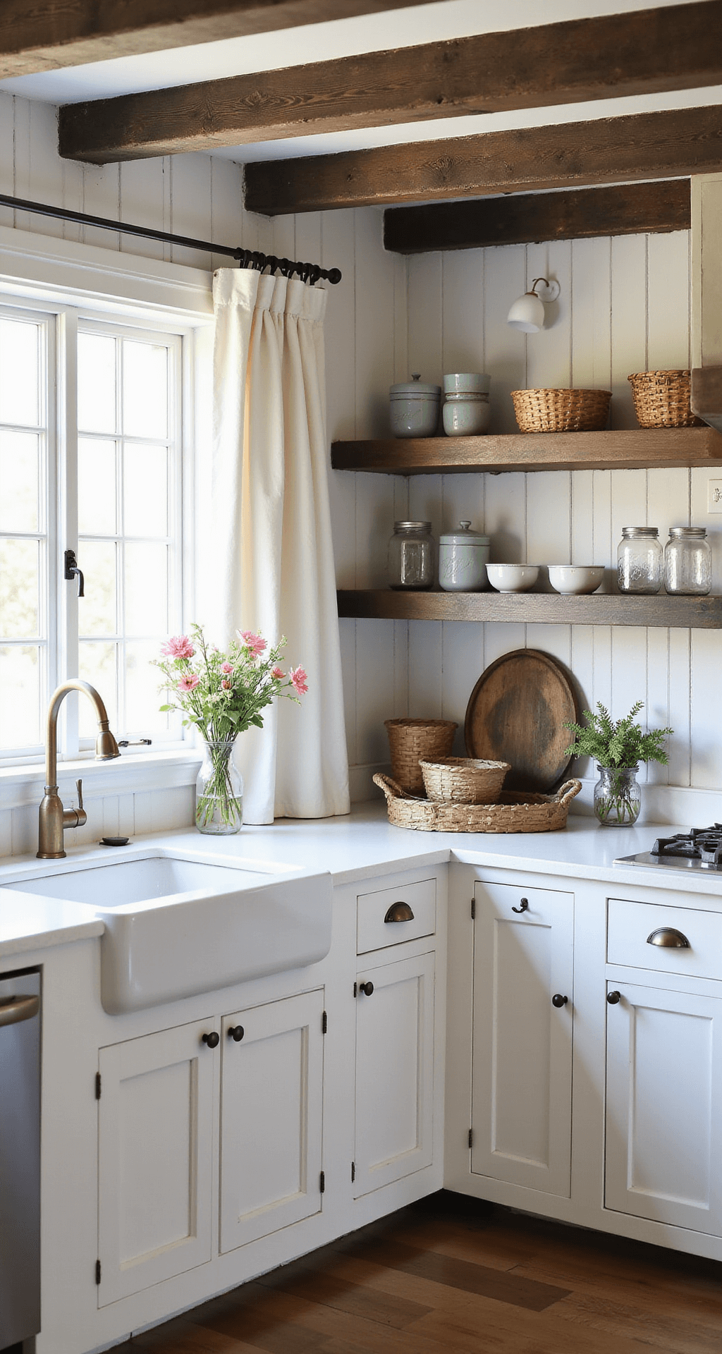 Styling White Kitchen Cabinets: The Ultimate Content Creator's Guide A cozy farmhouse-style kitchen with a 10ft beamed ceiling, white beadboard cabinets, and vintage brass bin pulls, illuminated by early morning light filtering through cafe curtains. Open shelving showcases ironstone pottery and antique copper, adorned with fresh flowers in mason jars and woven baskets on top. The image is captured from a corner perspective, highlighting rich textures and rustic details.