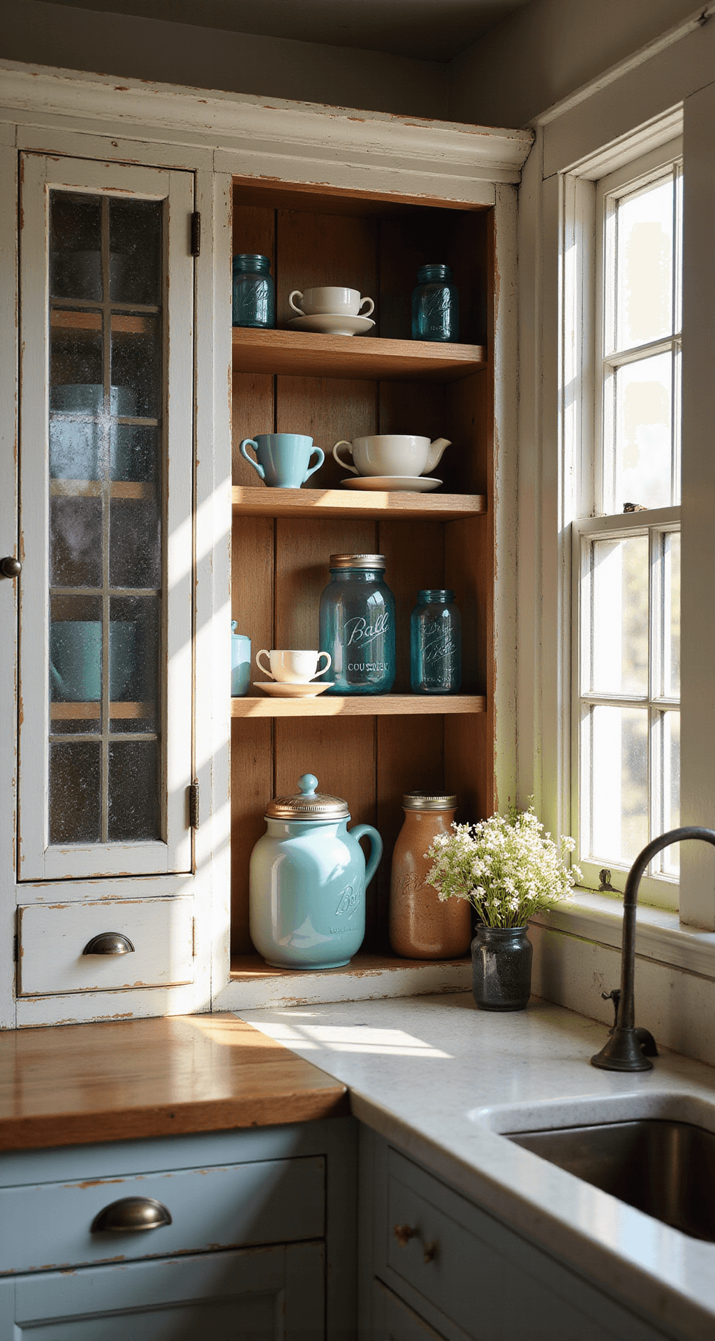 Glass Cabinets for Kitchens: Transform Your Space with Stunning Transparency Intimate corner of a farmhouse kitchen with distressed white cabinet doors, vintage blue mason jars, cream earthenware, and copper accents, all softly illuminated by late afternoon light.