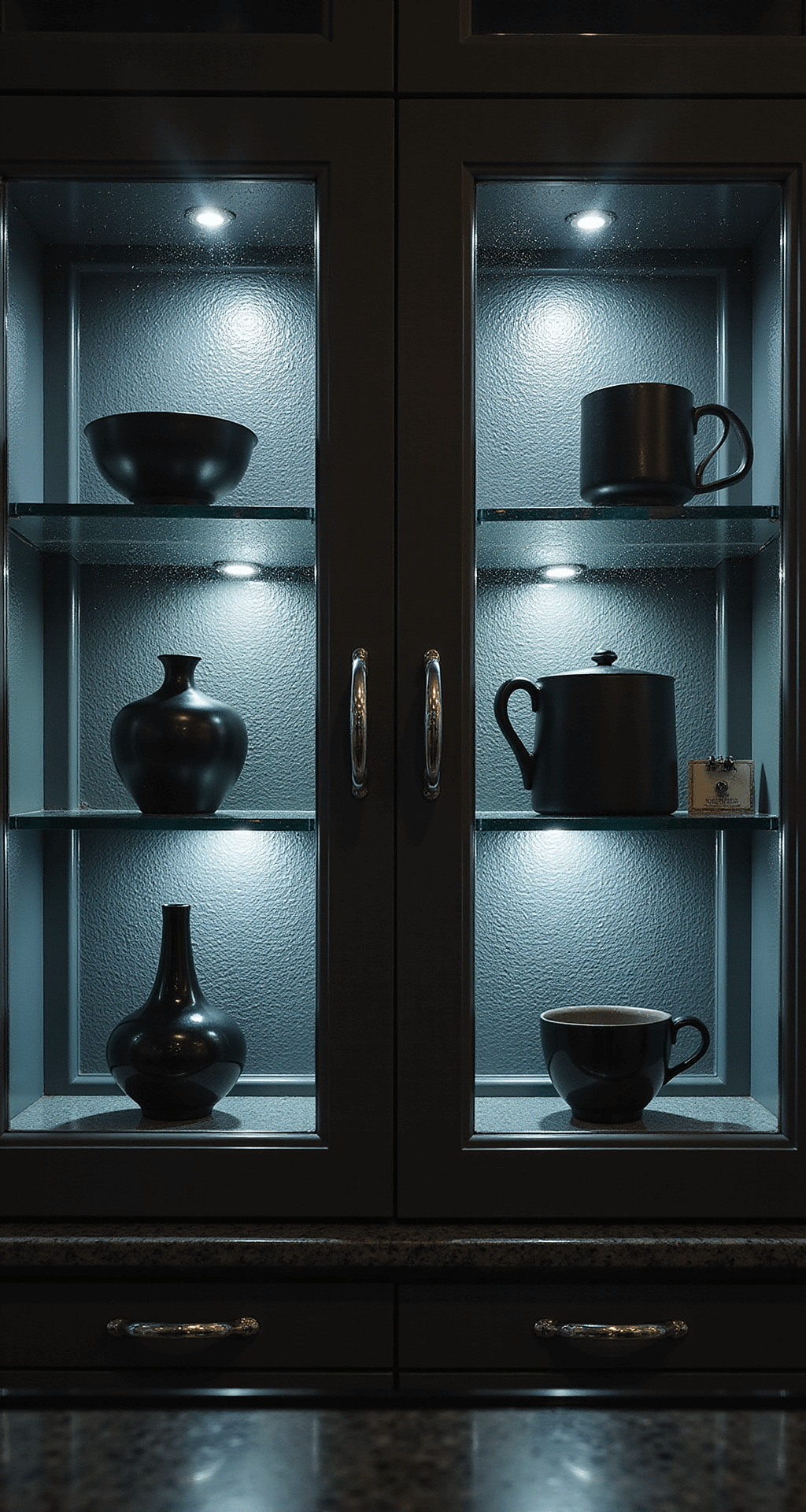 Glass Cabinets for Kitchens: Transform Your Space with Stunning Transparency Detail shot of textured glass cabinet doors in a contemporary kitchen, illuminated by LED under-cabinet lighting creating dramatic shadows, showcasing minimalist black and white ceramics and polished chrome hardware, shot from below at a 30-degree angle to emphasize dimensional patterns.