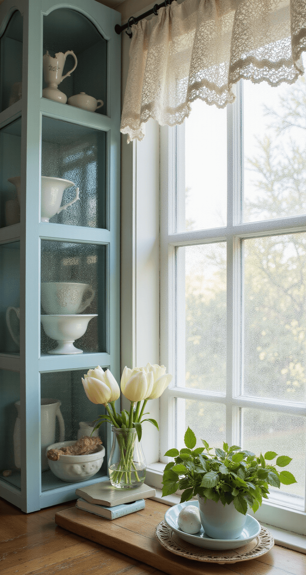 Glass Cabinets for Kitchens: Transform Your Space with Stunning Transparency Close-up of DIY-transformed glass insert cabinets in a cottage kitchen, featuring frosted glass panels in robin's egg blue frames, vintage milk glass collection inside, and delicate lace curtain light patterns.