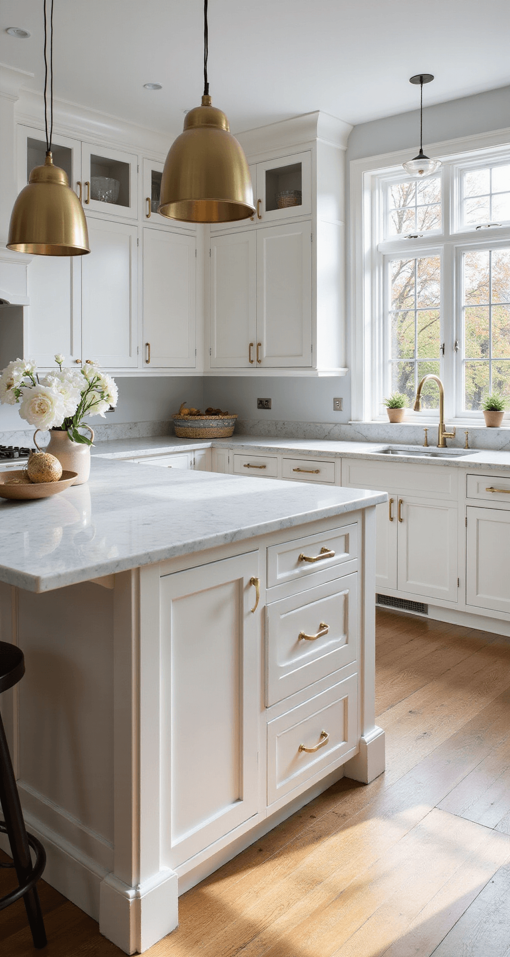Kitchen Cabinet Colors: Your Ultimate Guide to Trendsetting Styles in 2025 A contemporary kitchen featuring white shaker cabinets, Calacatta marble countertops, and brushed brass accents, illuminated by morning sunlight through floor-to-ceiling windows. The island has waterfall edges and minimalist bar stools, captured from the entrance at eye level.