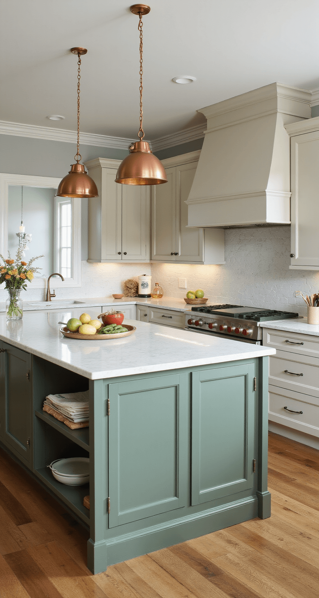 Kitchen Cabinet Colors: Your Ultimate Guide to Trendsetting Styles in 2025 L-shaped kitchen with sage green island and light greige perimeter cabinets, showcasing 10ft ceilings with crown molding. Afternoon light highlights a marble backsplash and casts shadows, while copper pendant lights illuminate the island workspace in a warm glow.