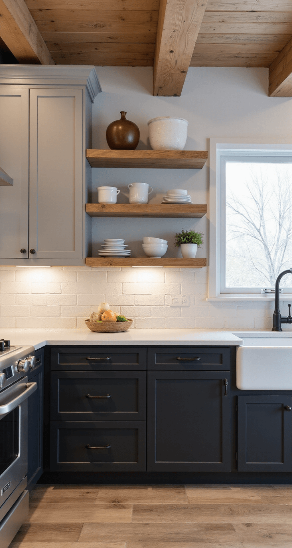 Kitchen Cabinet Colors: Your Ultimate Guide to Trendsetting Styles in 2025 A modern farmhouse kitchen featuring matte black lower cabinets and warm taupe upper cabinets, with exposed wooden beams on 8ft ceilings, illuminated by diffused natural light. White oak open shelving and black metal hardware complement the design, while undercabinet lighting highlights a textural subway tile backsplash, showcasing the transition between cabinet colors.