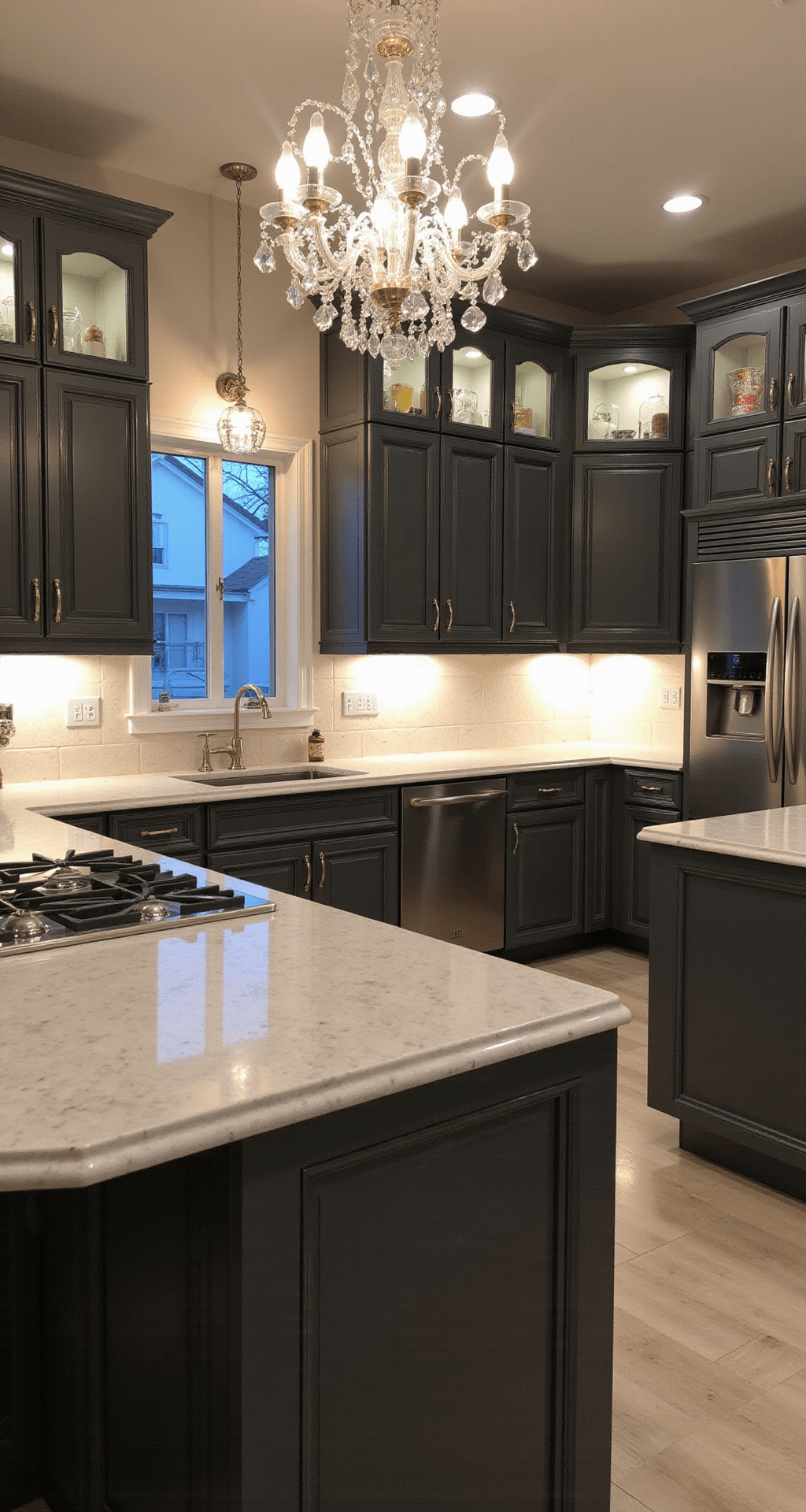 Kitchen Cabinet Colors: Your Ultimate Guide to Trendsetting Styles in 2025 Elegant kitchen featuring charcoal gray ceiling-height cabinets, a crystal chandelier over a marble island, and polished nickel hardware, captured from a low angle to highlight its grandeur and evening lighting.