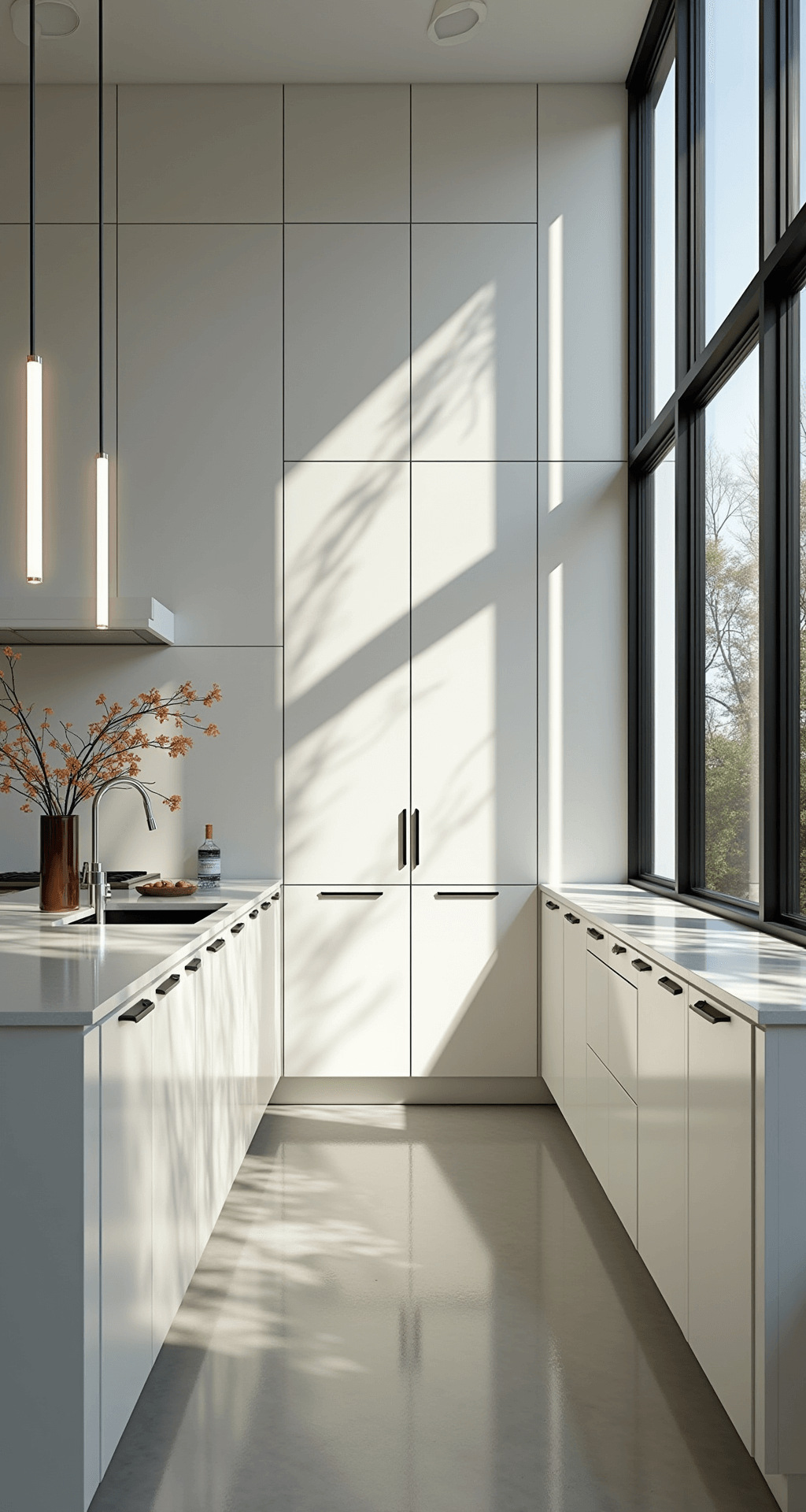 Kitchen Cabinet Colors: Your Ultimate Guide to Trendsetting Styles in 2025 A minimalist kitchen featuring floor-to-ceiling Simply White cabinets and black steel-framed windows, with late afternoon light casting strong geometric shadows. Linear pendant lights accentuate the clean lines, while hidden LED lighting softly illuminates the cabinet faces, highlighting symmetry and scale.