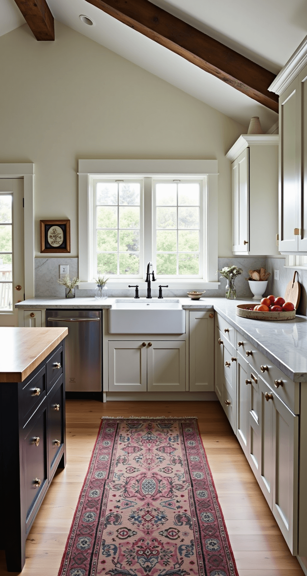 Black and White Kitchen Cabinets: The Ultimate Design Statement A contemporary farmhouse kitchen featuring vaulted ceilings and rustic beams, with mid-morning light streaming through mullioned windows. The space includes black Shaker-style island cabinets, white perimeter cabinets with brass hardware, a mix of butcher block and marble countertops, and a white ceramic apron sink. The image is taken from the entrance, showcasing the depth of the room, enhanced by natural and warm artificial lighting. A vintage rug adds a pop of color to the refined rustic atmosphere.