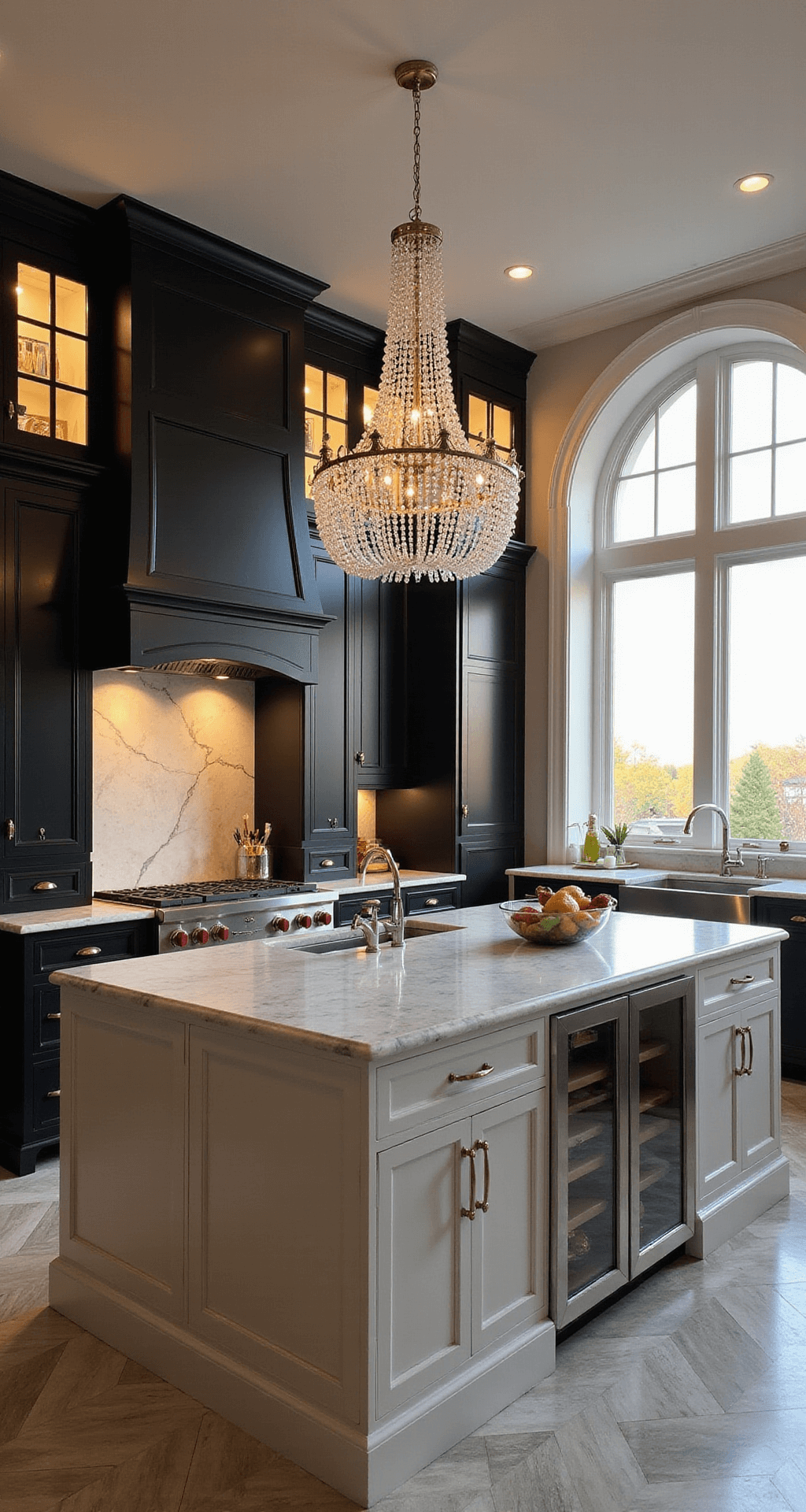 Black and White Kitchen Cabinets: The Ultimate Design Statement A bird's eye view of a luxe transitional kitchen featuring arched doorways, black integrated appliances, white cabinets with glass uppers, Calacatta marble counters and backsplash, a crystal chandelier over the island, herringbone marble flooring, and dramatic lighting in warm evening tones, evoking an elegant glamour mood.