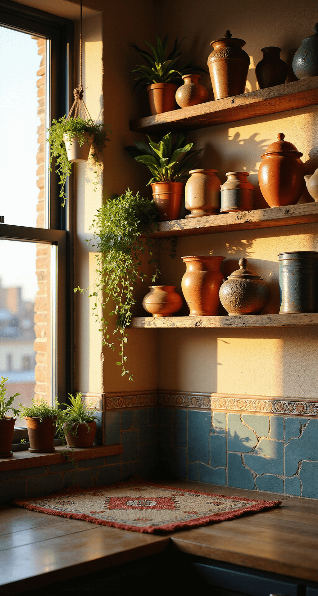 Open Kitchen Cabinets: Transform Your Kitchen with Style and Functionality Bohemian kitchen nook featuring 8-foot textured walls bathed in warm sunset light, with reclaimed wood floating shelves adorned with earthy pottery, hanging plants, vintage tea tins, and handwoven table linens, complemented by a Moroccan tile backsplash in deep blues and terracotta, captured in a wide-angle shot from the corner showing shelf depth and long shadows.