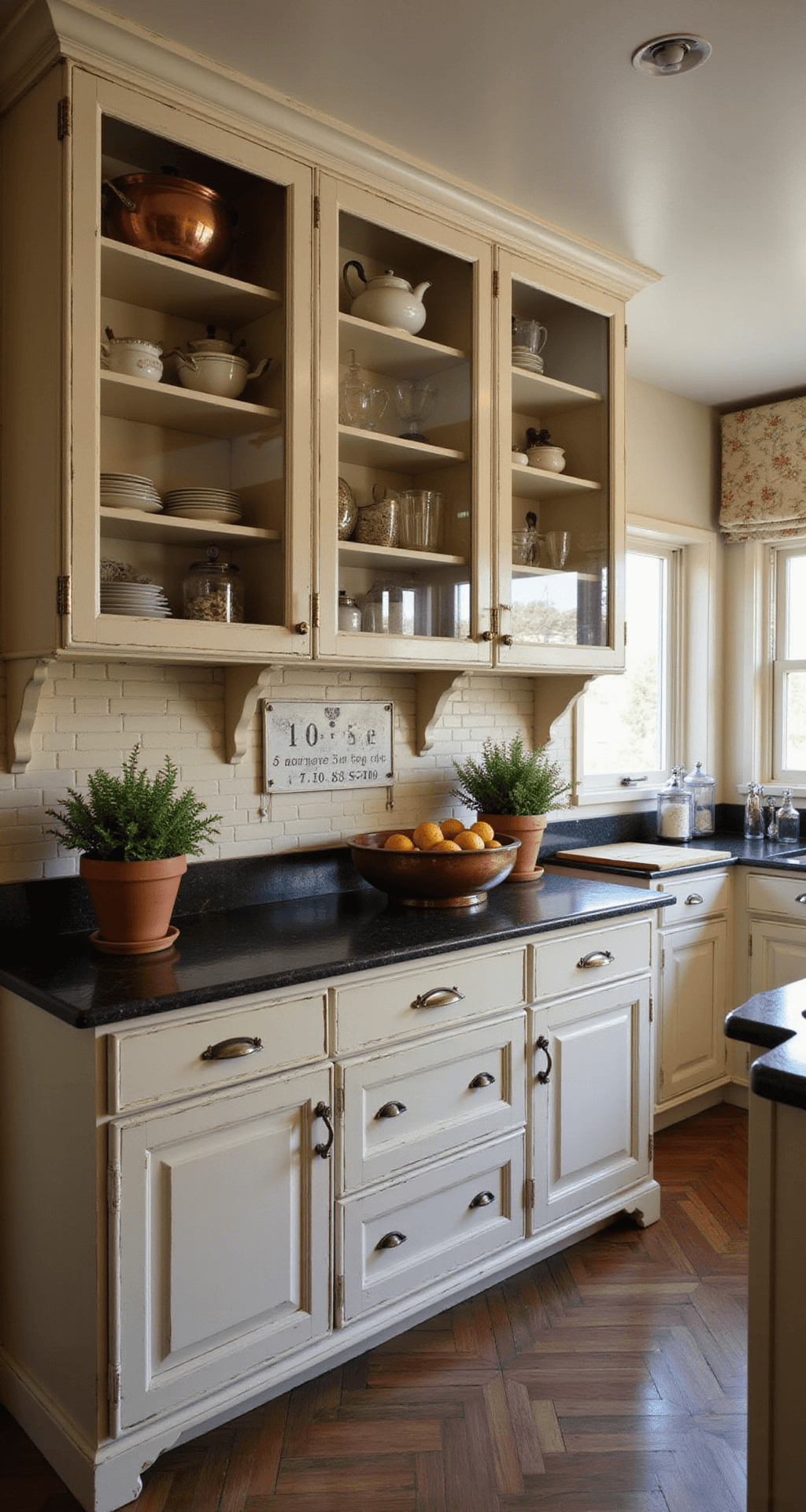 Open Kitchen Cabinets: Transform Your Kitchen with Style and Functionality French country kitchen with herringbone tile floor, featuring distressed cream cabinets filled with vintage copper, white ironstone, and antique silver. Fresh herbs in terra cotta pots under warm evening lighting, creating a romantic ambiance.