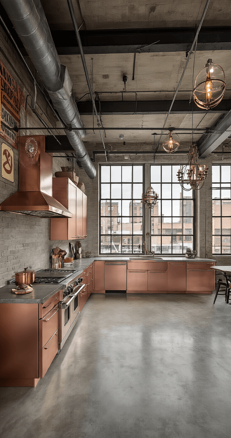 Aluminum Kitchen Cabinets: The Ultimate Modern Solution for Stylish Spaces Urban loft kitchen featuring industrial-style rose gold aluminum cabinets, polished concrete floors, and exposed ductwork, with a diagonal camera angle highlighting depth and architectural details, accented by mixed lighting from factory windows and modern chandeliers, and styled with vintage metal signs and copper cookware.