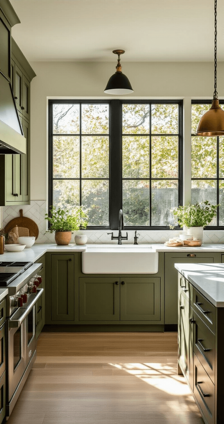 Olive Green Kitchen Cabinets: Your Ultimate Design Guide Sunlit modern kitchen featuring olive green shaker cabinets, white quartz countertops, matte black hardware, brass pendant lights, and natural white oak flooring, with copper cookware and potted herbs accenting the space.