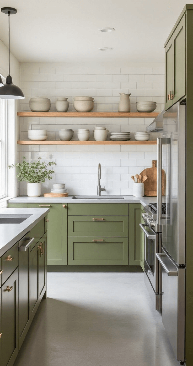 Olive Green Kitchen Cabinets: Your Ultimate Design Guide A Scandinavian-inspired kitchen featuring olive green slab cabinets, stainless steel appliances, white subway tiles, light ash wood open shelving with monochromatic ceramics, concrete countertops, and ample natural lighting, highlighting clean lines and minimalist design.