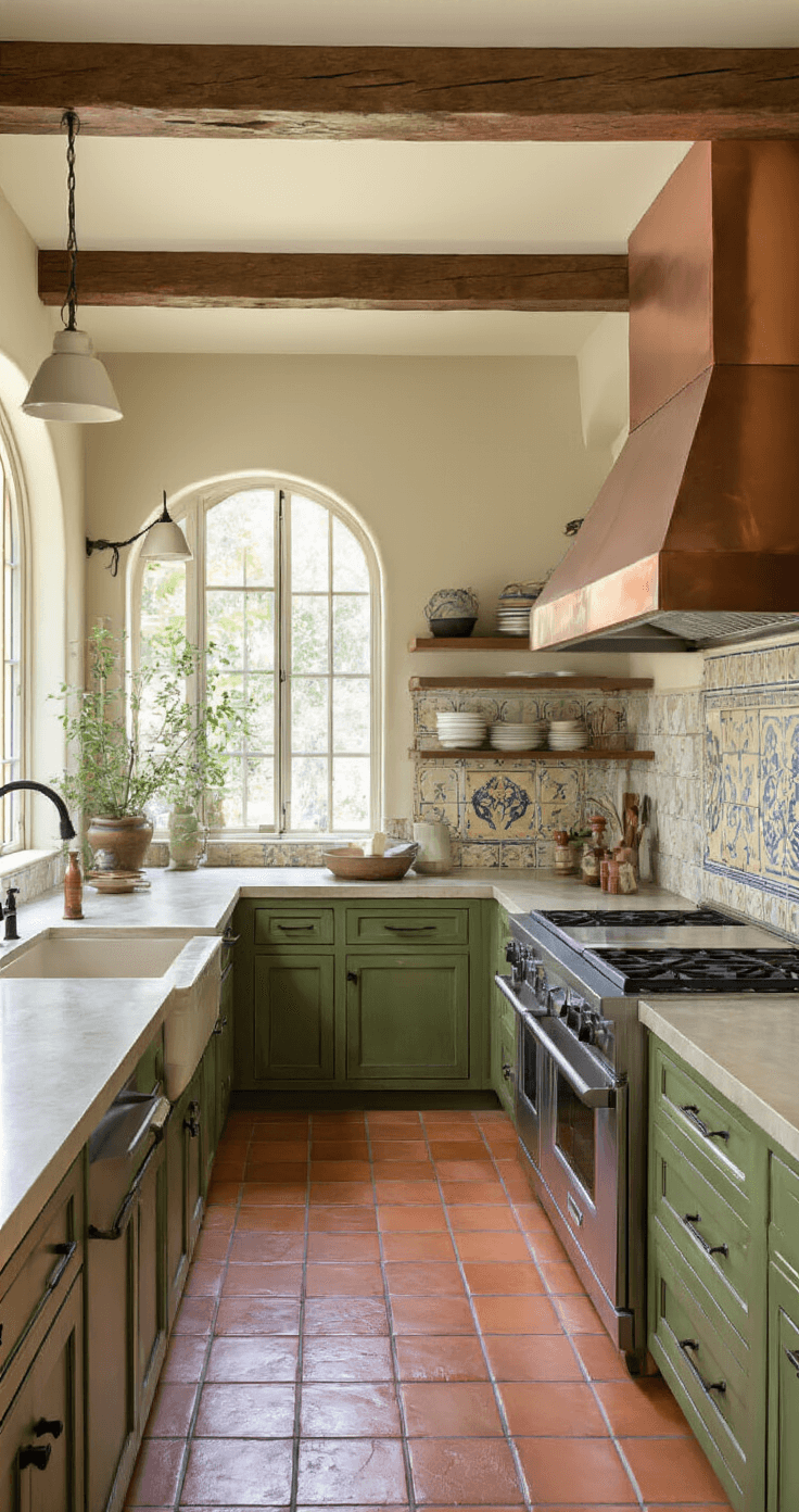 Olive Green Kitchen Cabinets: Your Ultimate Design Guide A sunlit Mediterranean-inspired kitchen featuring olive green arched cabinets, terra cotta floors, and wooden beams. A prominent copper range hood above a professional range, with wrought iron hardware and painted tile backsplash. The image is taken from a corner to highlight the architectural details and natural light streaming through arched windows.