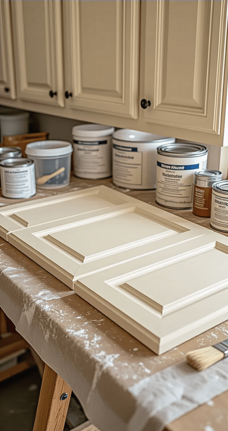 How to Paint Kitchen Cabinets: A Professional DIY Guide Close-up detail of kitchen cabinet painting preparation, featuring cabinet doors on sawhorses, neatly organized supplies, and macro focus on a partially sanded surface, illuminated by soft afternoon light.