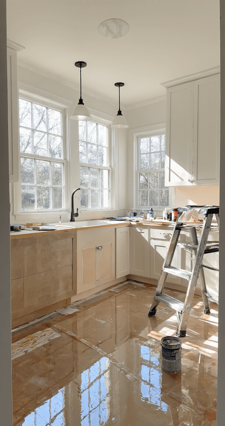 How to Paint Kitchen Cabinets: A Professional DIY Guide Bright, airy kitchen in renovation with sunlight streaming through windows, showcasing masked floors and countertops, primer-coated upper cabinets, and untreated lower cabinets, organized workspace, and strategically positioned stepladder, reflecting overhead pendant lights.