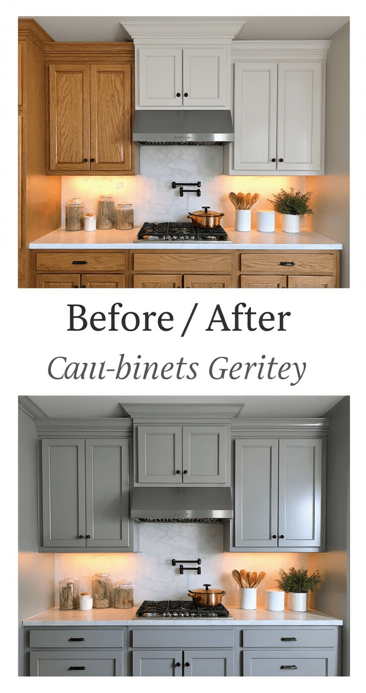 How to Paint Kitchen Cabinets: A Professional DIY Guide Evening kitchen scene with a split composition: left side features dated oak cabinets, right side showcases newly painted soft grey cabinets in Benjamin Moore Revere Pewter, lit by undercabinet lighting. A marble backsplash reflects warm LED light, complemented by copper cookware, white ceramics, and fresh greenery. The shot is taken straight-on with balanced lighting to enhance the contrast and eliminate shadows.