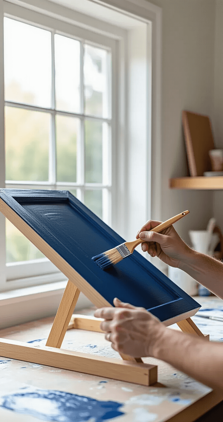 How to Paint Kitchen Cabinets: A Professional DIY Guide Detailed process shot of hands applying rich navy paint (Farrow & Ball Hague Blue) to a cabinet door at an angle, showcasing smooth strokes with a premium brush in a clean workspace with natural light.