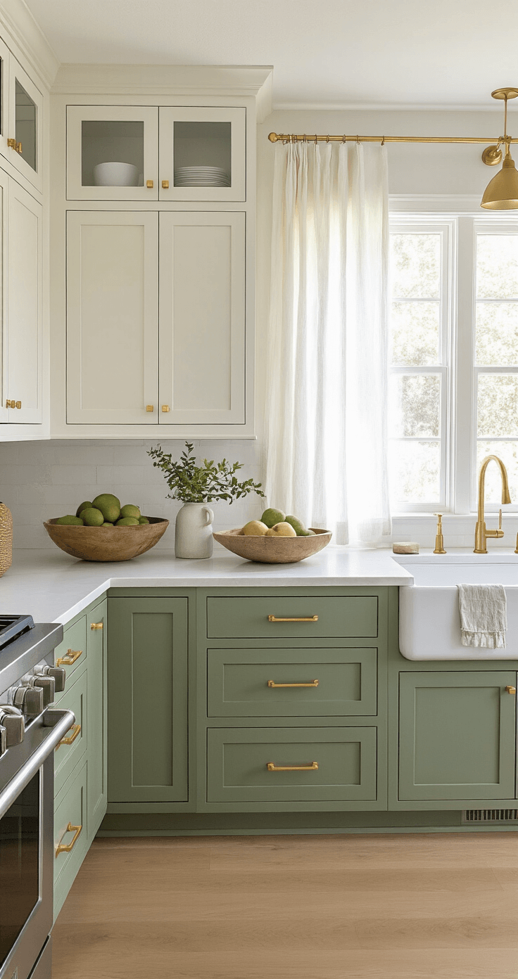 How to Paint Kitchen Cabinets: A Professional DIY Guide A bright kitchen featuring white upper cabinets and sage green lower cabinets, adorned with modern gold hardware. The scene is styled with artisanal pottery, linen textiles, and an architectural fruit bowl, illuminated by early morning light streaming through sheer curtains.