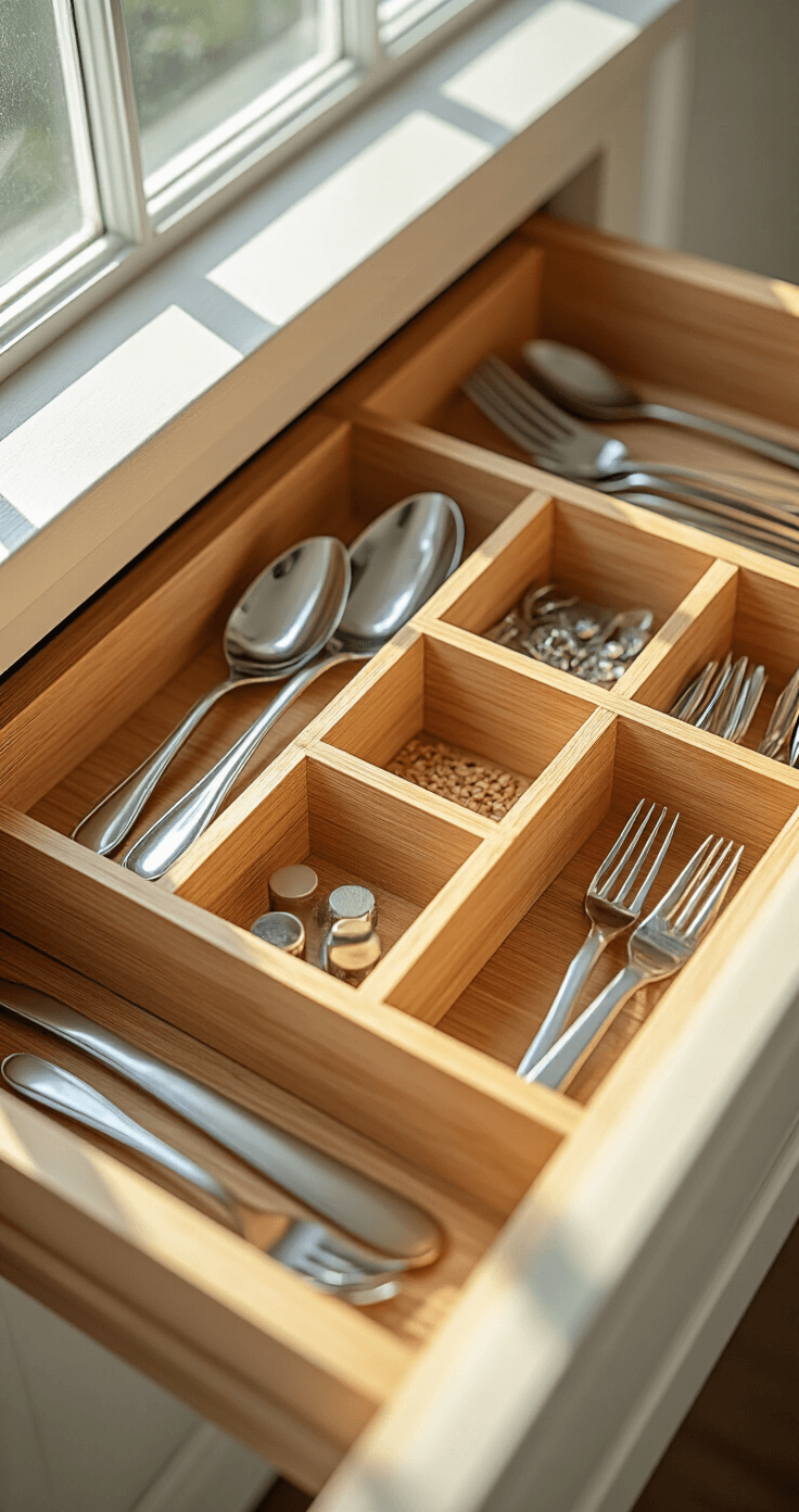 Kitchen Cabinet Organization: Transforming Chaos into Culinary Harmony Intimate close-up of a custom drawer organization system featuring bamboo dividers and premium stainless steel utensils, illuminated by morning light, with intricate details captured through a macro lens.