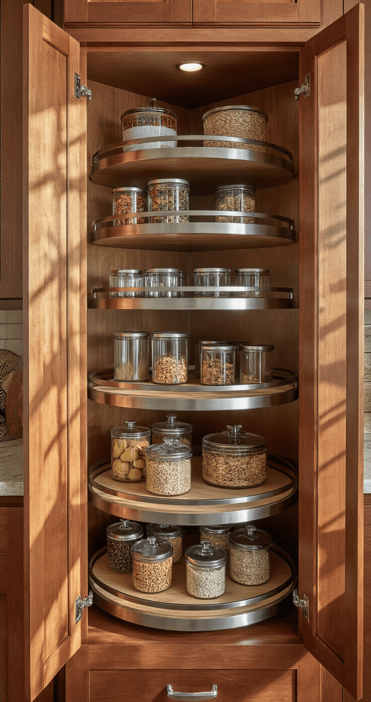 Kitchen Cabinet Organization: Transforming Chaos into Culinary Harmony Interior of a corner cabinet showcasing a multi-tier Lazy Susan system, viewed from a low angle. Afternoon light creates soft shadows over organized rotating shelves filled with clear glass pantry containers. The rich maple wood interior contrasts with brushed nickel hardware, while leading lines direct the eye through the neatly arranged items.