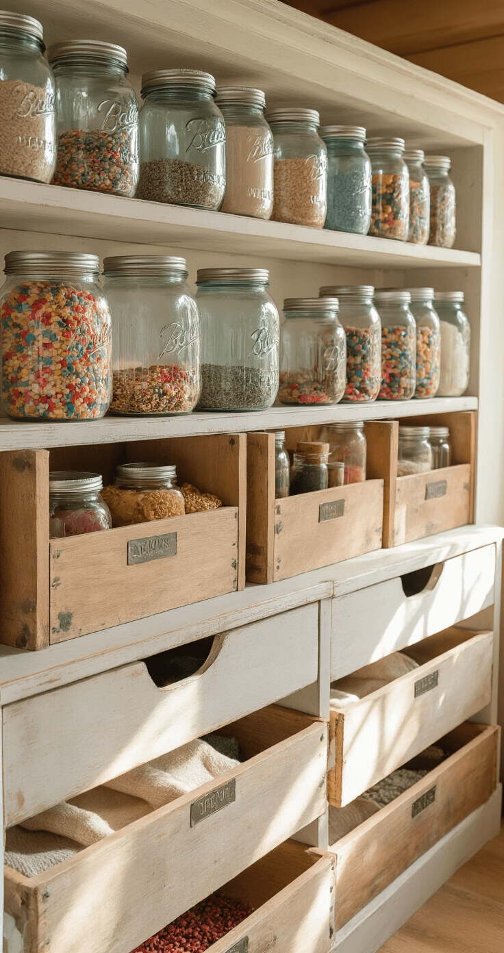 Kitchen Cabinet Organization: Transforming Chaos into Culinary Harmony Budget-friendly DIY storage solution featuring repurposed vintage mason jars filled with colorful dry goods on open shelving, painted wooden box dividers in deep drawers, and a natural linen backdrop, captured in warm afternoon light with a shallow depth of field.