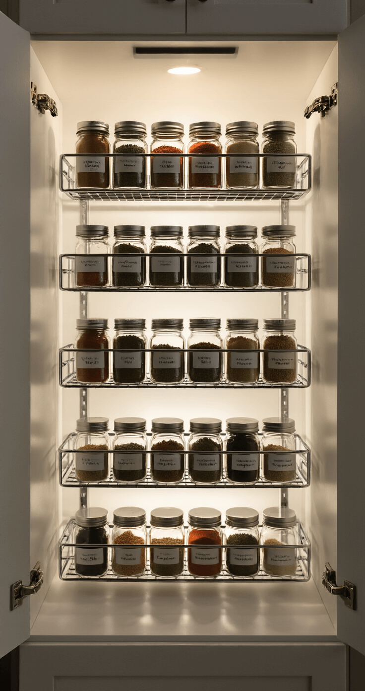 Kitchen Cabinet Organization: Transforming Chaos into Culinary Harmony Professional spice organization system inside a cabinet, featuring tiered chrome racks with uniform glass jars labeled in front, illuminated by LED under-cabinet lighting, captured from a slight upward angle.
