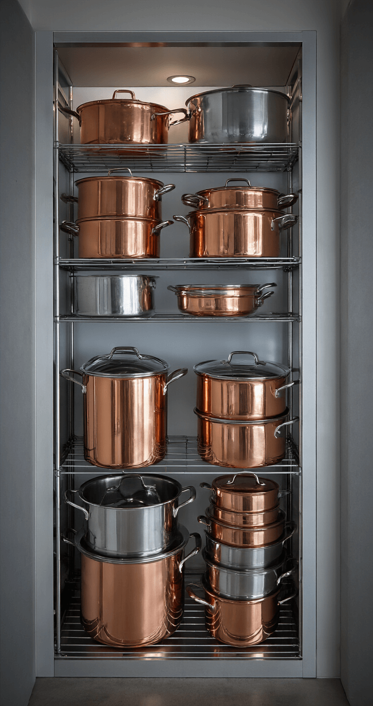 Kitchen Cabinet Organization: Transforming Chaos into Culinary Harmony Vertical storage vignette showcasing copper and stainless cookware arranged on custom dividers, illuminated by soft overhead lighting during blue hour, highlighting textures in an industrial-modern aesthetic.