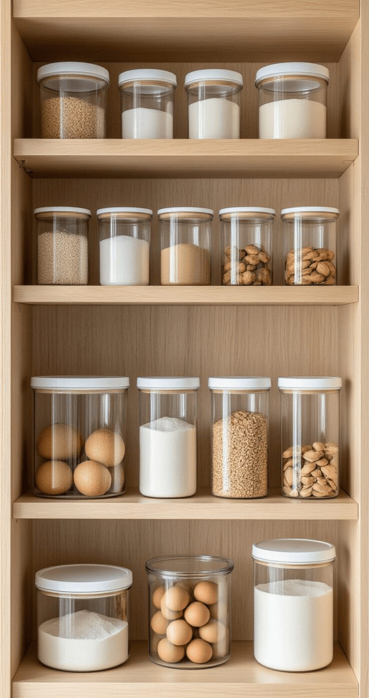 Kitchen Cabinet Organization: Transforming Chaos into Culinary Harmony Minimalist baking cabinet interior featuring clear acrylic containers with lids on white oak shelves, organized by height and frequency of use, photographed in soft natural light for clarity.