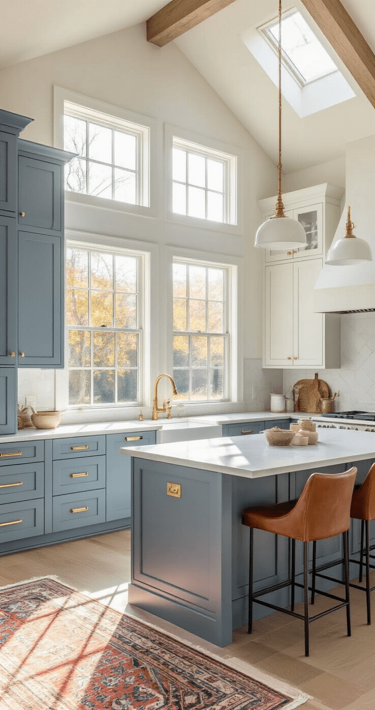 Blue Gray Kitchen Cabinets: A Sophisticated Design Transformation A bright 12x15ft kitchen with 10ft ceilings, blue-gray Shaker cabinets, white quartz countertops, and brass hardware, featuring a center island with leather barstool seating, illuminated by golden hour sunlight through large windows, accented by a vintage Persian runner.