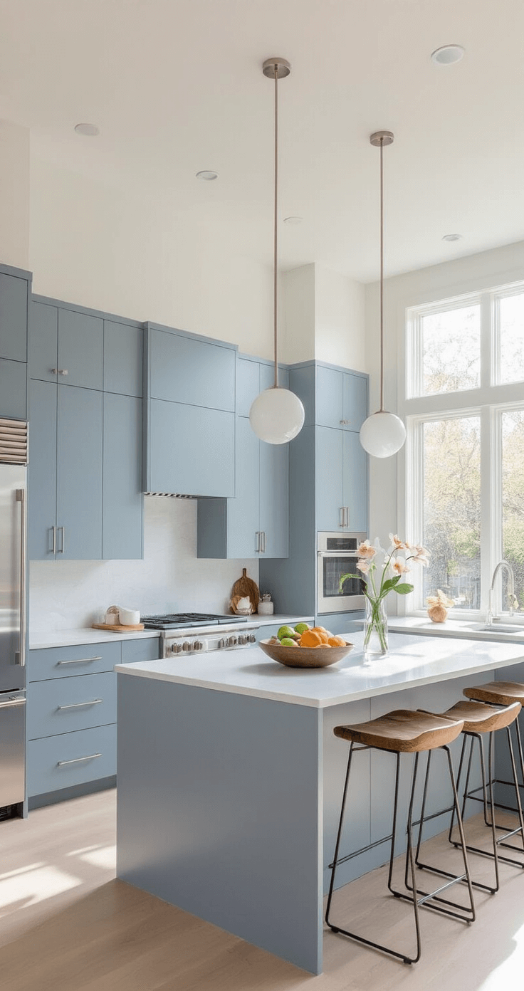 Blue Gray Kitchen Cabinets: A Sophisticated Design Transformation A sunlit minimalist kitchen featuring blue-gray flat-front cabinets, a large island, and floor-to-ceiling windows, styled simply with a fruit bowl and an orchid, emphasizing geometric forms and negative space.