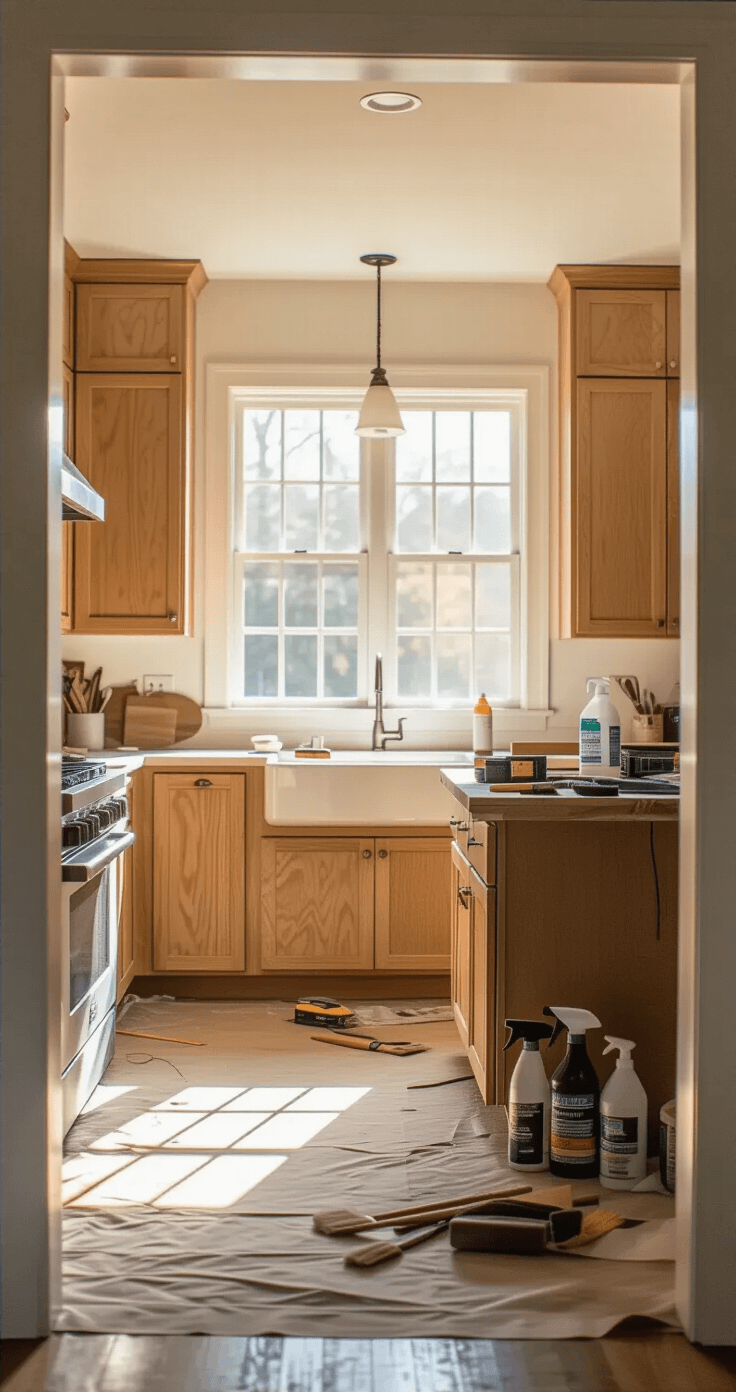 How to Paint Kitchen Cabinets Like a Pro: A Complete DIY Makeover Guide Bright modern kitchen mid-renovation, showcasing a 12x15ft space with 9ft ceilings, large window allowing morning light to illuminate dust particles, organized tools on the island, and cabinet doors on a dropcloth, with a close focus on a cabinet face showing half sanded and half original surface.